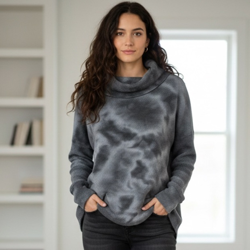 Anthropologie Maeve Gray Tie Dye Waffle Knit Cowl Neck Pullover Sweater Size S